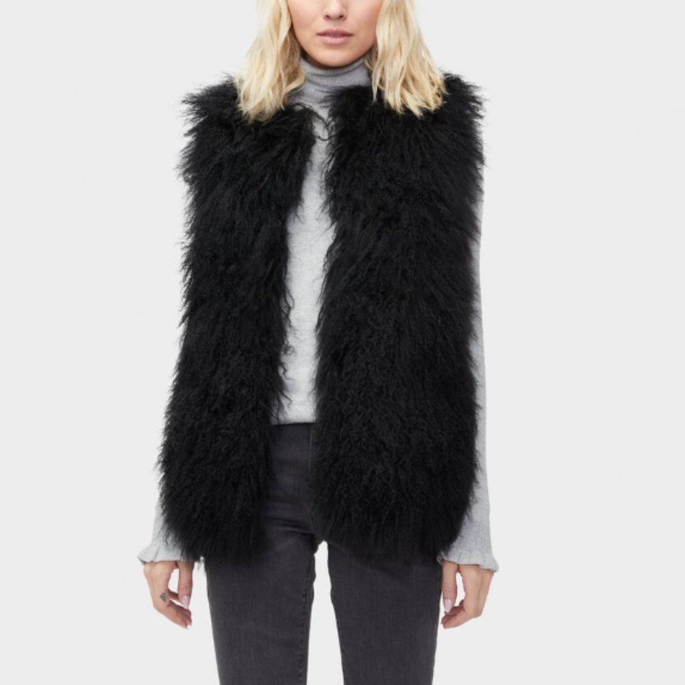 NEW Sun & Shadow Faux Fur Vest Shaggy Mongolian Cardigan Style BLACK SZ SMALL